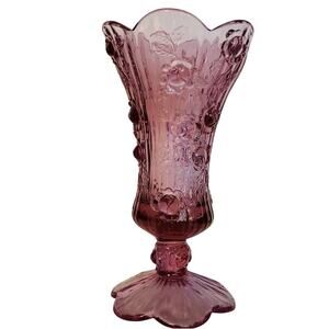 Fenton Pink Purple Cabbage Rose 9” Pedestal Scalloped 3D Ruffle Edge Vase